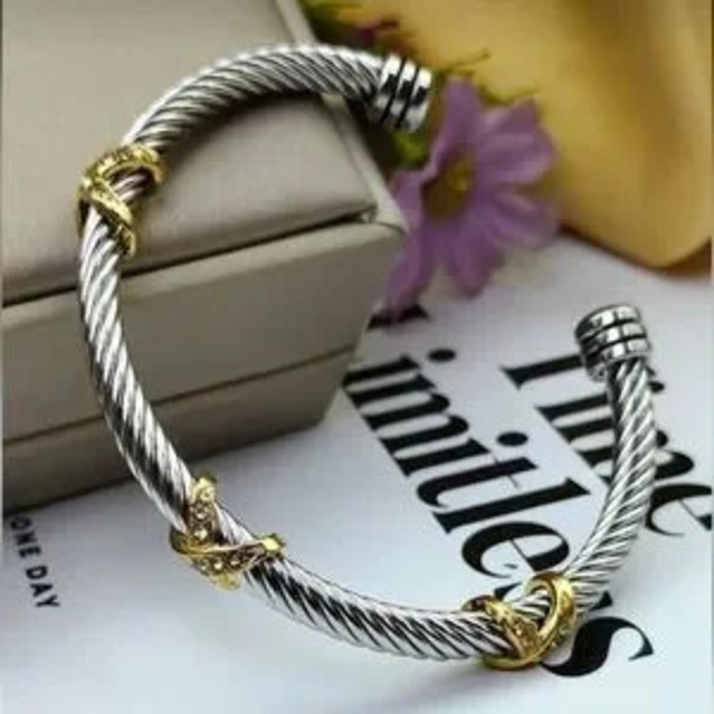 Elegant Twisted Cable Stainless Steel Cuff Bracelet with Zircon Ends